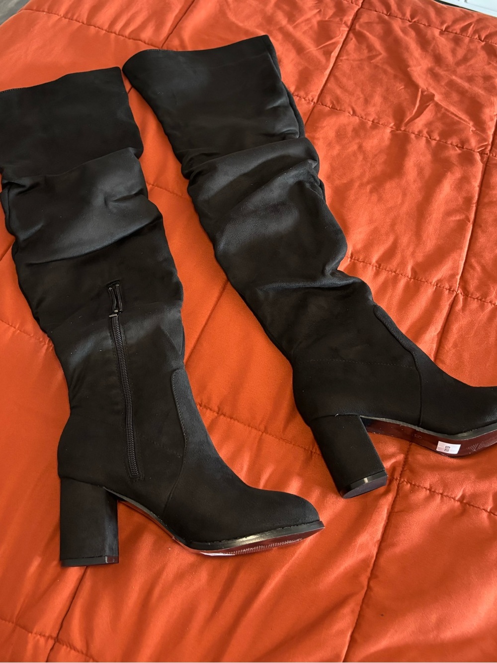 New Black Thigh High Chunky Heel Boots with side zippers- Good Quality